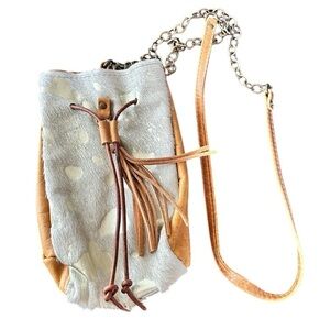 Canoe Cowhide Leather Gold Spots Mini Crossbody Hip Bag Drawstring Tassle NWOT
